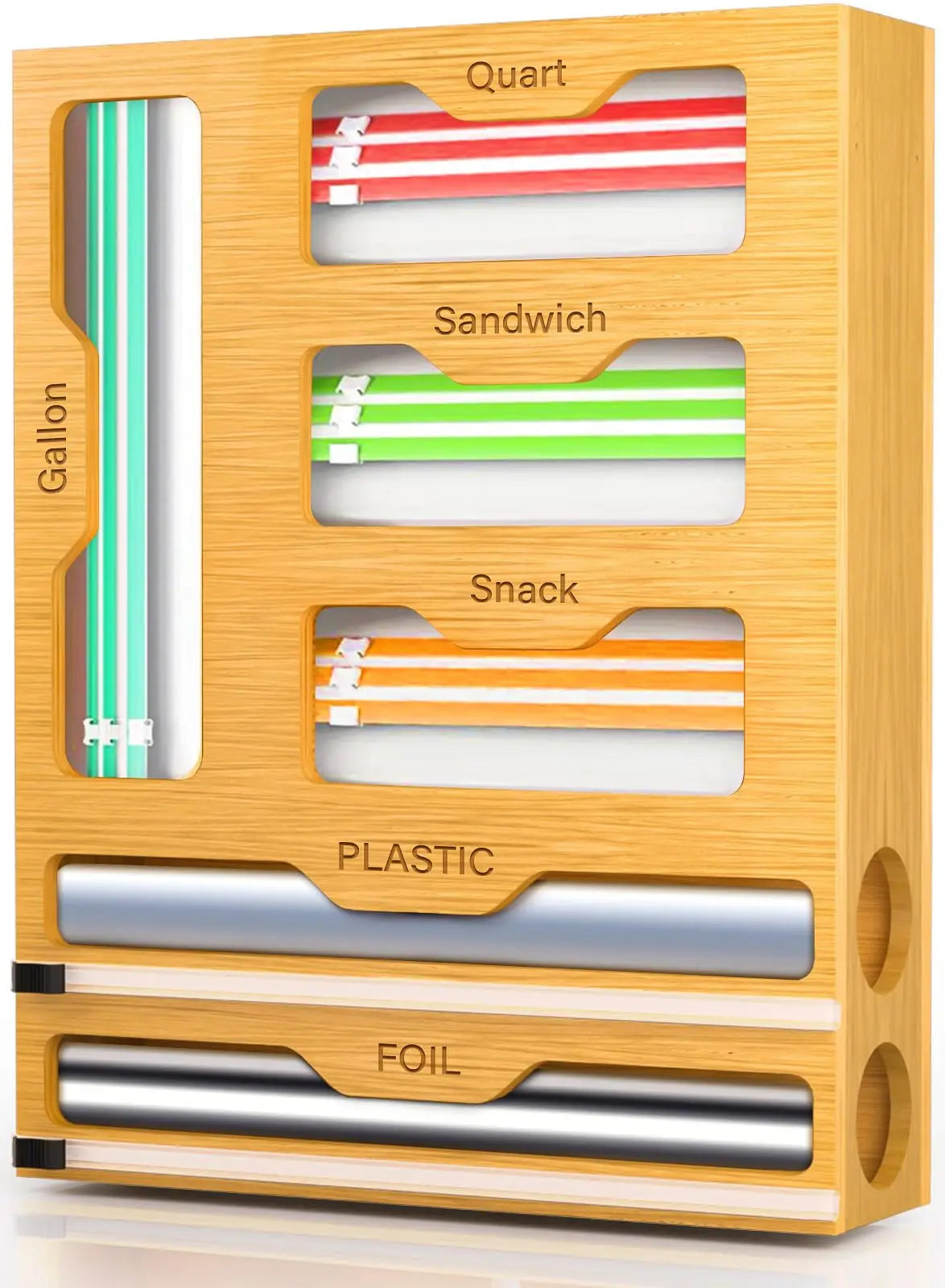 Bag Organizer and Plastic Wrap Dispenser with Cutter, 6 In 1 Bamboo Foil and Plastic Wrap Organizer for Kitchen Drawer, Food Storage Bag Organizer for Gallon,Quart,Sandwich,Snack