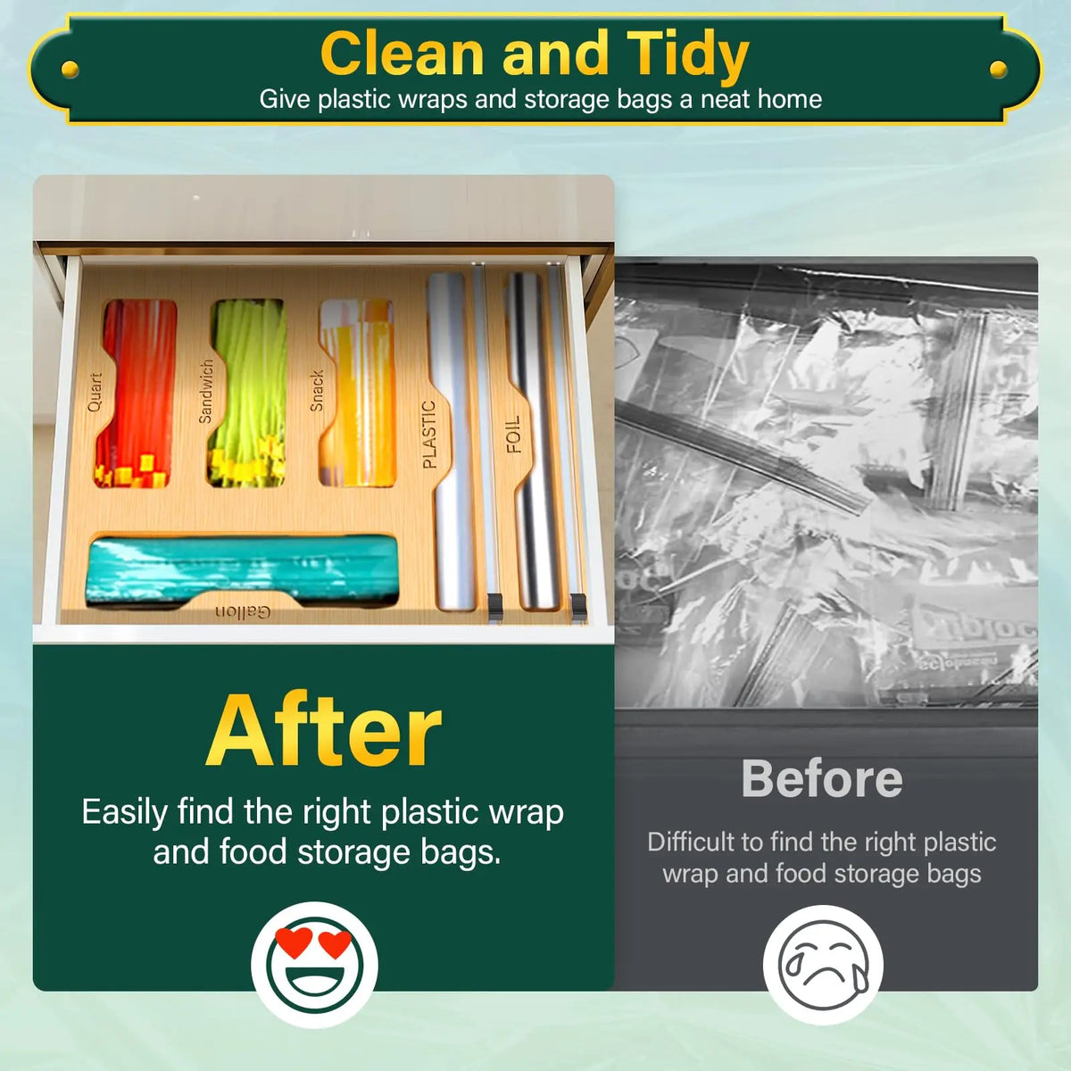 Bag Organizer and Plastic Wrap Dispenser with Cutter, 6 In 1 Bamboo Foil and Plastic Wrap Organizer for Kitchen Drawer, Food Storage Bag Organizer for Gallon,Quart,Sandwich,Snack