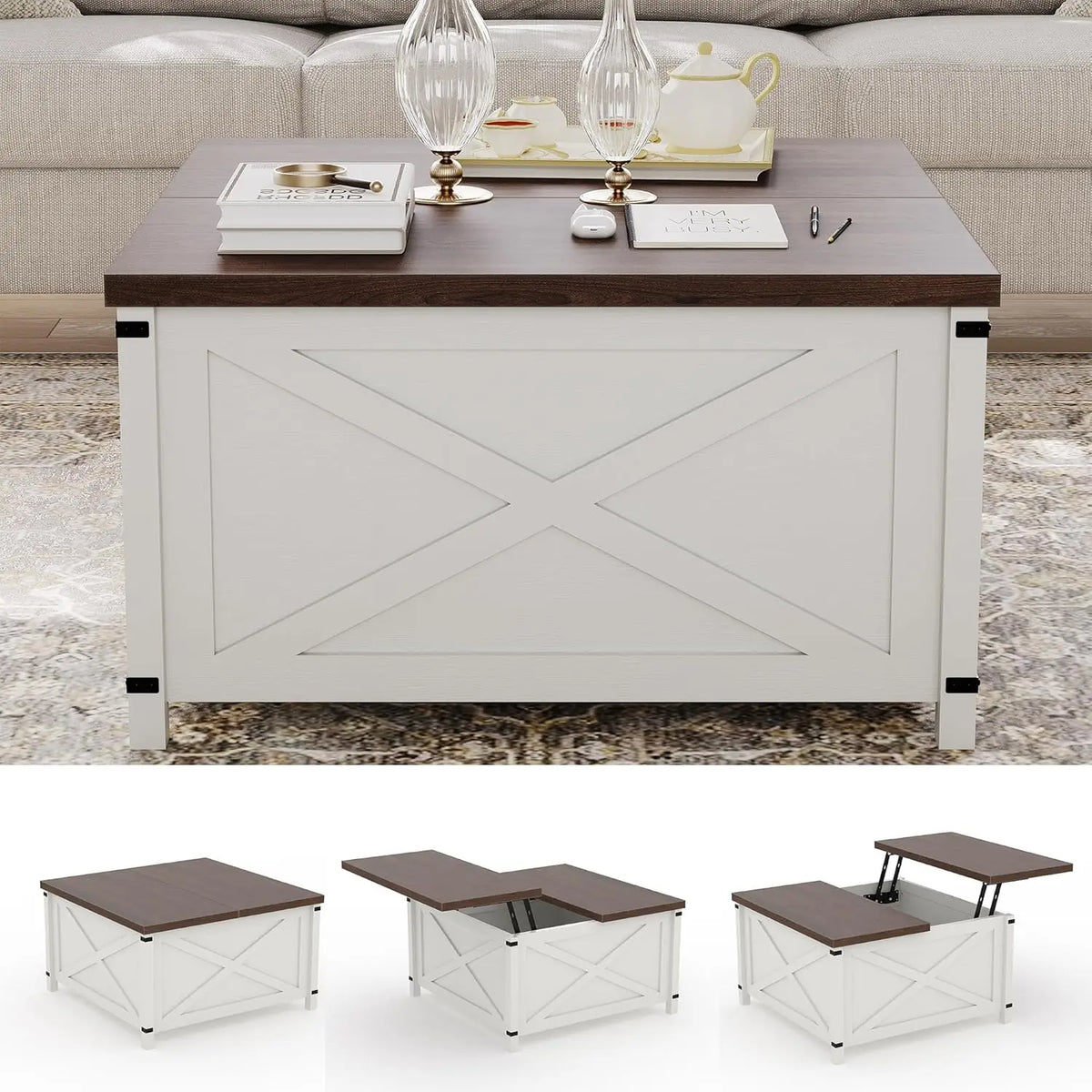Lift Top Coffee Table, Hidden Storage Coffee Table, Rustic Industrial Lift Table, Multifunctional Living Room Desk for Small Spaces, White