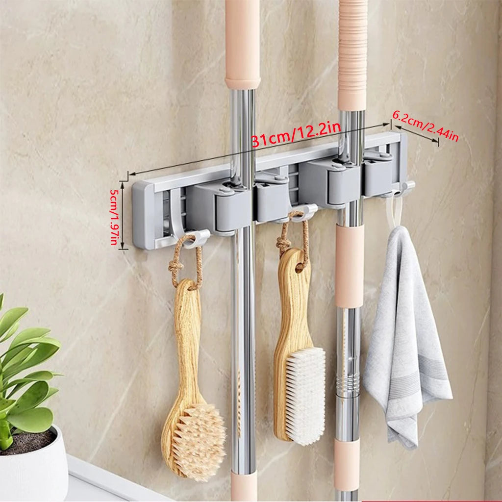 Wall-Mounted Mop and Broom Holder, Heavy Duty Cleaning Tool Organizer with Hooks for Garage Bathroom Kitchen, Space Saving Storage Rack