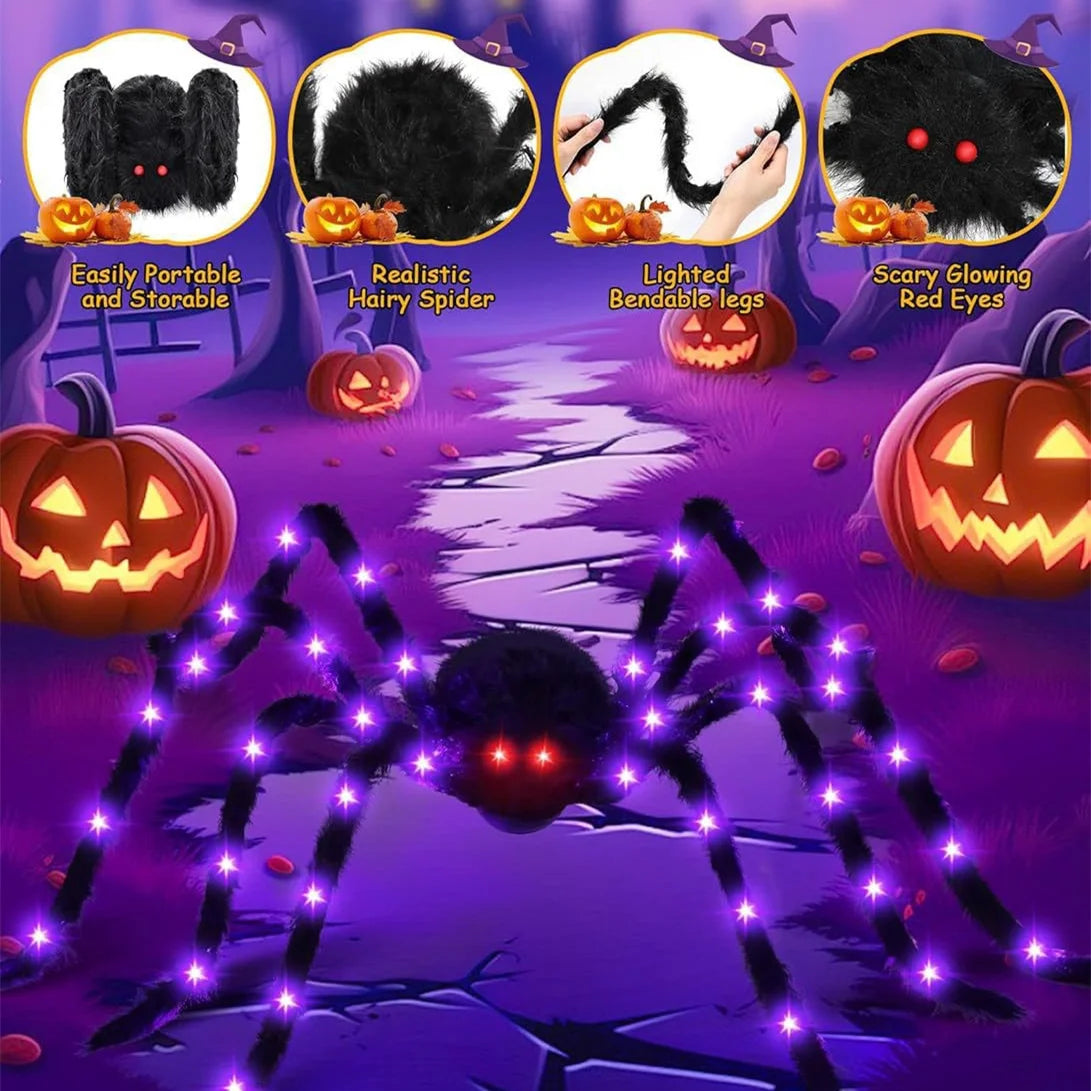 200cm Halloween Spider With Purple Lights For Home Outdoor Halloween Decorations Props Battery Powered
