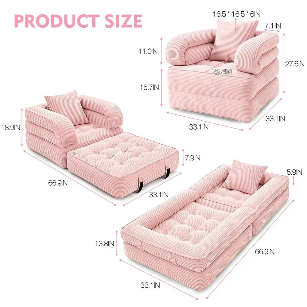 Sofa Bed, Convertible Sleeper Chair with Armrests for Adults, Foldable Corduroy Boneless Bed, 3in1 Portable Futon Couch Floor S