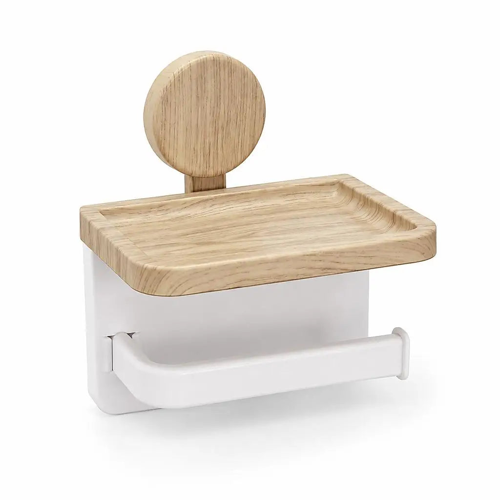 No‑Drill Self‑Adhesive Wall‑Mounted Paper Towel Holder with Wood‑Grain Storage Shelf, Multifunctional Kitchen & Bathroom Tissue Roll Rack, Space‑Saving Wall Organizer