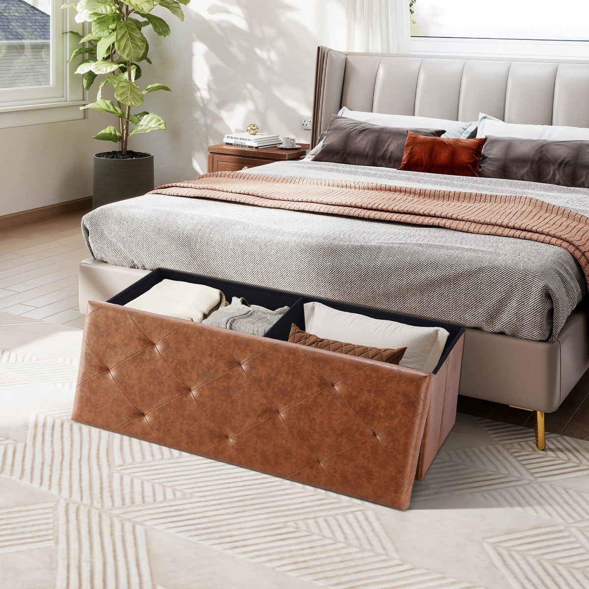 MCQ 43 Inch Faux Leather Foldable Ottoman Foot Rest Stool with Storage Folding End of Bed Storage Bench Storage Load 660 lbs for Living Room Bedroom Entryway