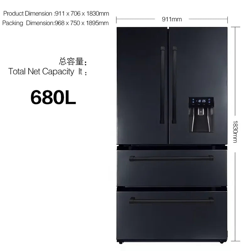 French-style 4-door Stainless Steel Frost-Free Electric Refrigerator with Direct Cooling and Water Dispenser