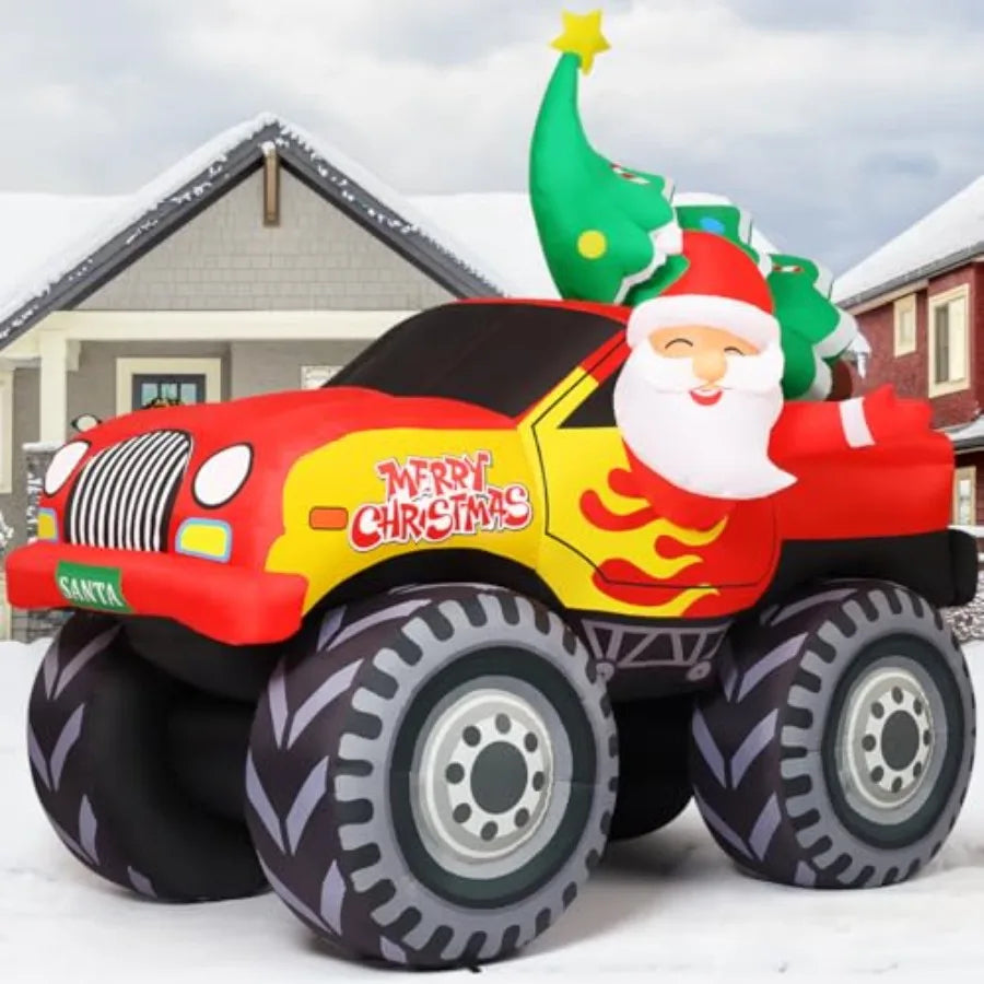 Yard party lawn decorations: inflatable Santa Claus riding reindeer 9.8 FT and Santa Claus monster truck (7.2 FT), PVC material