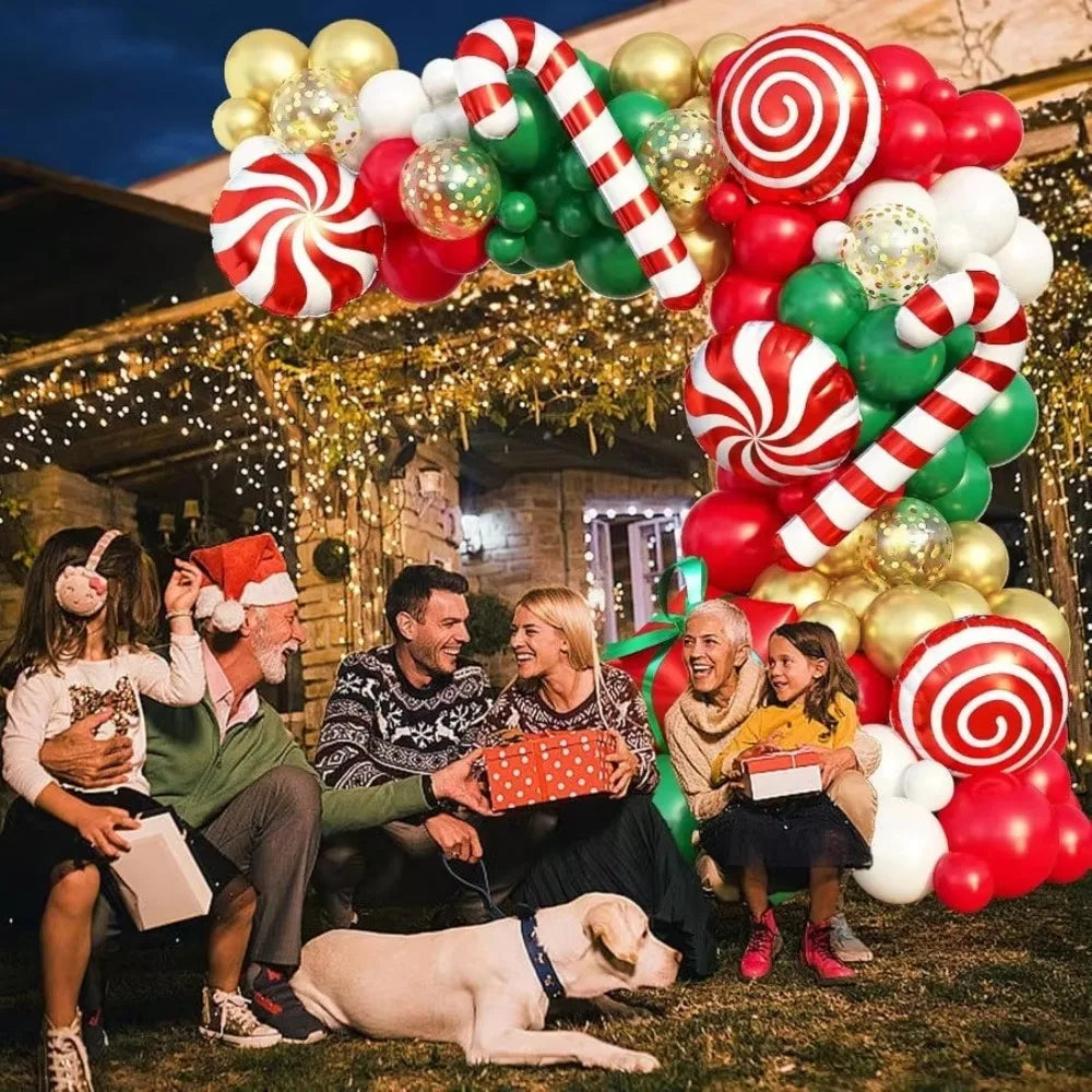 Christmas Candy Cane Balloon Garland Kit, Red Green White Metallic Gold Latex & Confetti Balloons, Giant Peppermint Lollipop Candy Cane Gift Box Foil Balloons, Winter Holiday 2026 New Year Xmas Dinner Table Party Photo Backdr