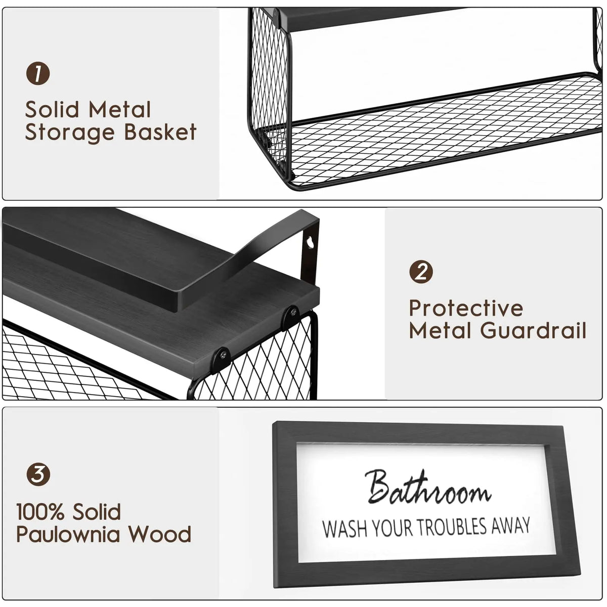 Floating Shelves with Storage Basket & Metal Guardrail, Bathroom Shelves Over Toilet with Wall Decor Sign, Wood Wall Organizer for Bedroom, Living Room, Kitchen