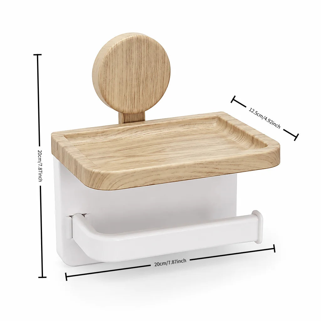 No‑Drill Self‑Adhesive Wall‑Mounted Paper Towel Holder with Wood‑Grain Storage Shelf, Multifunctional Kitchen & Bathroom Tissue Roll Rack, Space‑Saving Wall Organizer