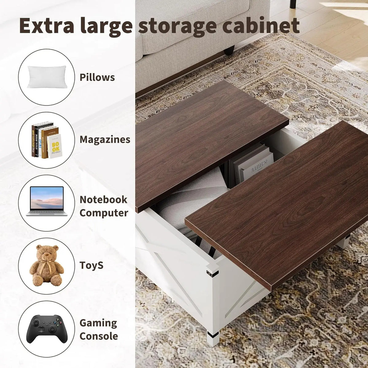 Lift Top Coffee Table, Hidden Storage Coffee Table, Rustic Industrial Lift Table, Multifunctional Living Room Desk for Small Spaces, White