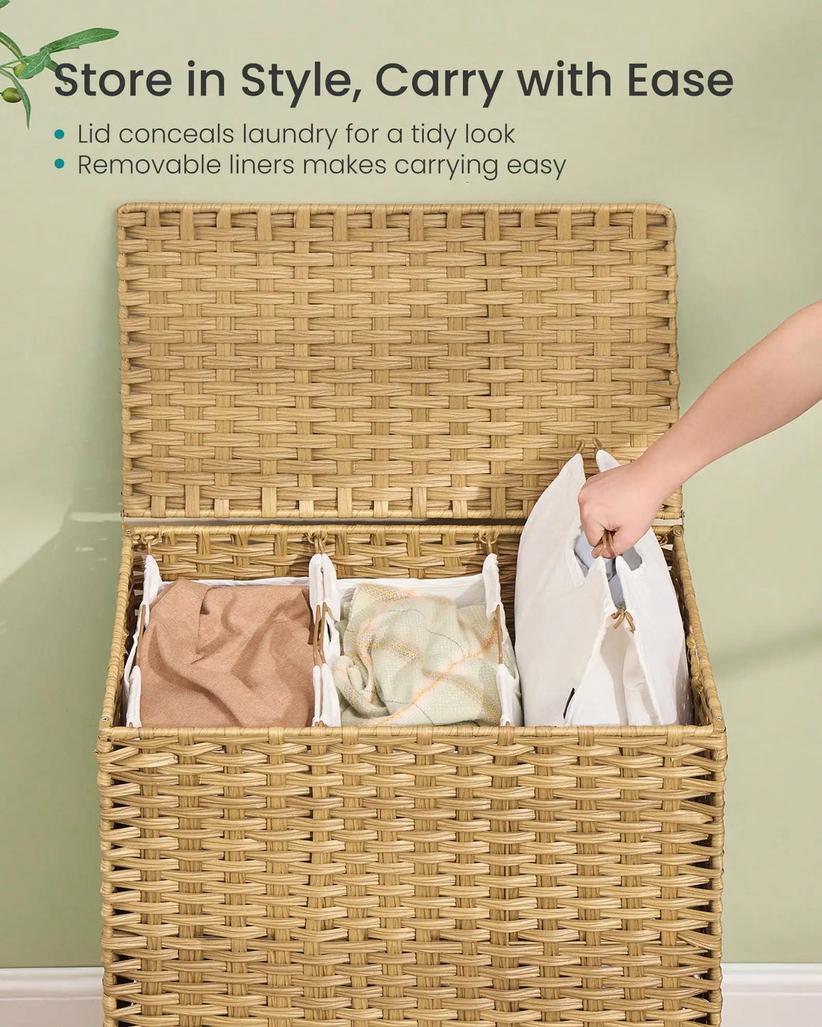 42.2 Gal Large Laundry Hamper with Lid, PE Rattan Woven Clothes Basket, Removable Washable Liner Storage Bin for Bedroom, Living Room, Beige