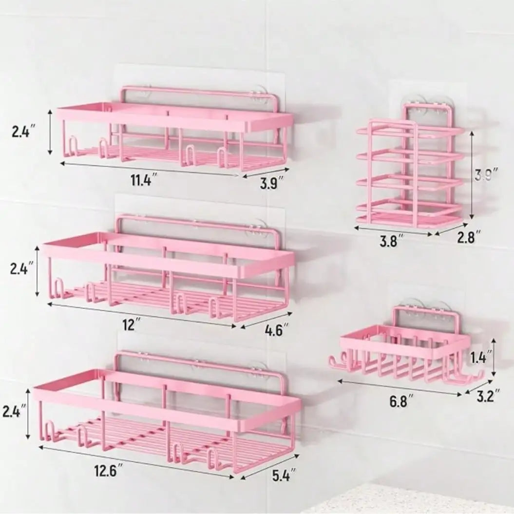 5-Pack Adhesive Shower Caddy, No Drilling Rustproof Stainless Steel Bathroom Organizer Shelves, Large Capacity Wall Mount Rack for Inside Shower, Pink
