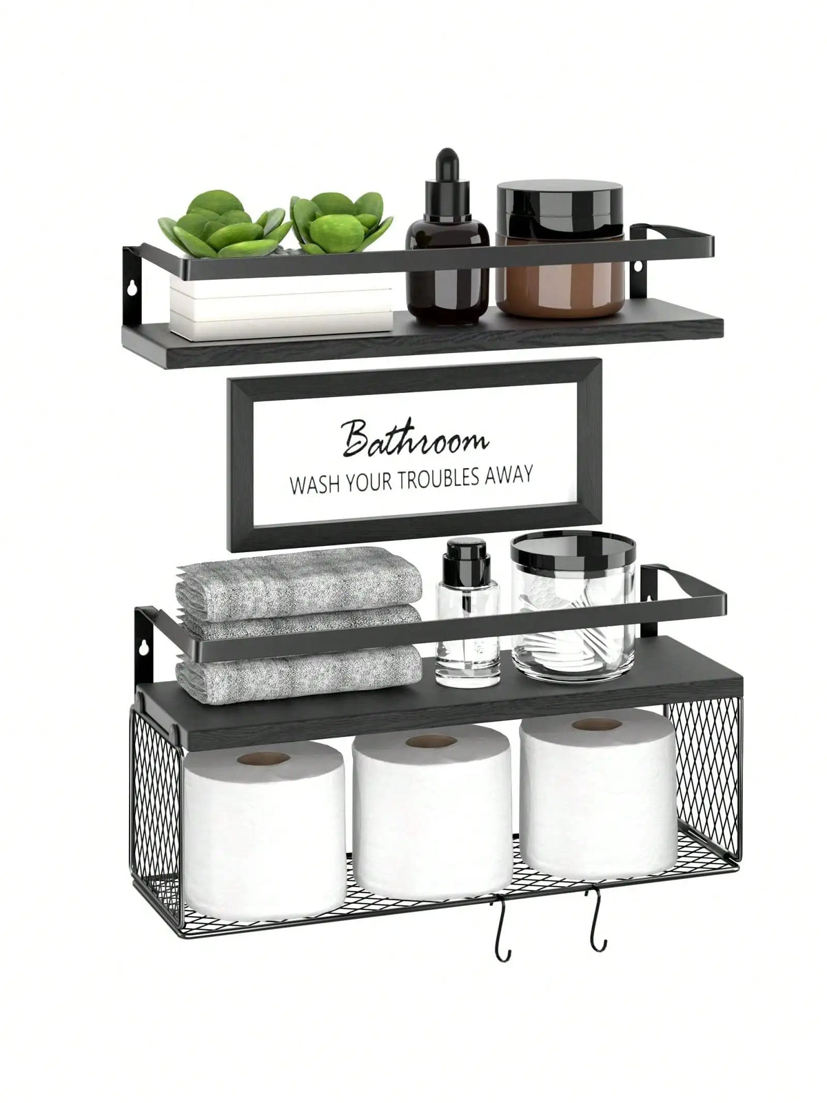 Floating Shelves with Storage Basket & Metal Guardrail, Bathroom Shelves Over Toilet with Wall Decor Sign, Wood Wall Organizer for Bedroom, Living Room, Kitchen