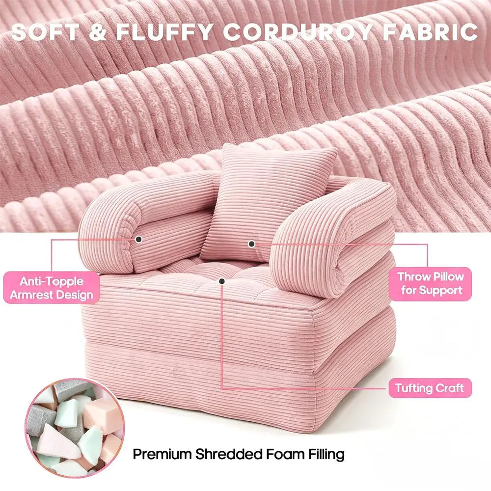 Sofa Bed, Convertible Sleeper Chair with Armrests for Adults, Foldable Corduroy Boneless Bed, 3in1 Portable Futon Couch Floor S