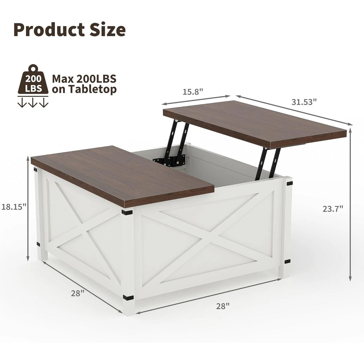 Lift Top Coffee Table, Hidden Storage Coffee Table, Rustic Industrial Lift Table, Multifunctional Living Room Desk for Small Spaces, White