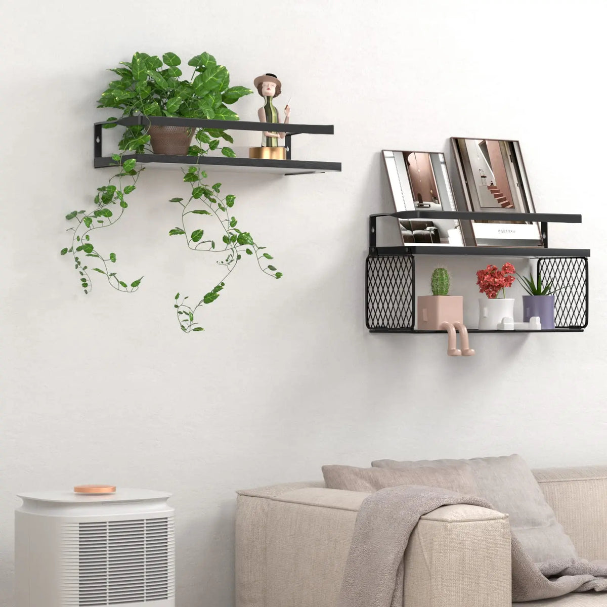 Floating Shelves with Storage Basket & Metal Guardrail, Bathroom Shelves Over Toilet with Wall Decor Sign, Wood Wall Organizer for Bedroom, Living Room, Kitchen