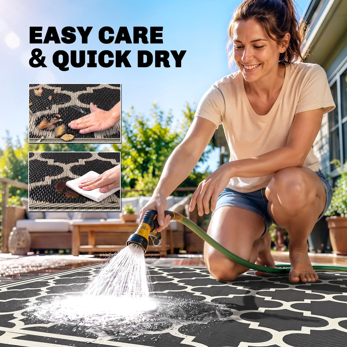 9' x 12' Reversible Outdoor Rug, Plastic Straw Mat for RV, Camper, Picnic, Black