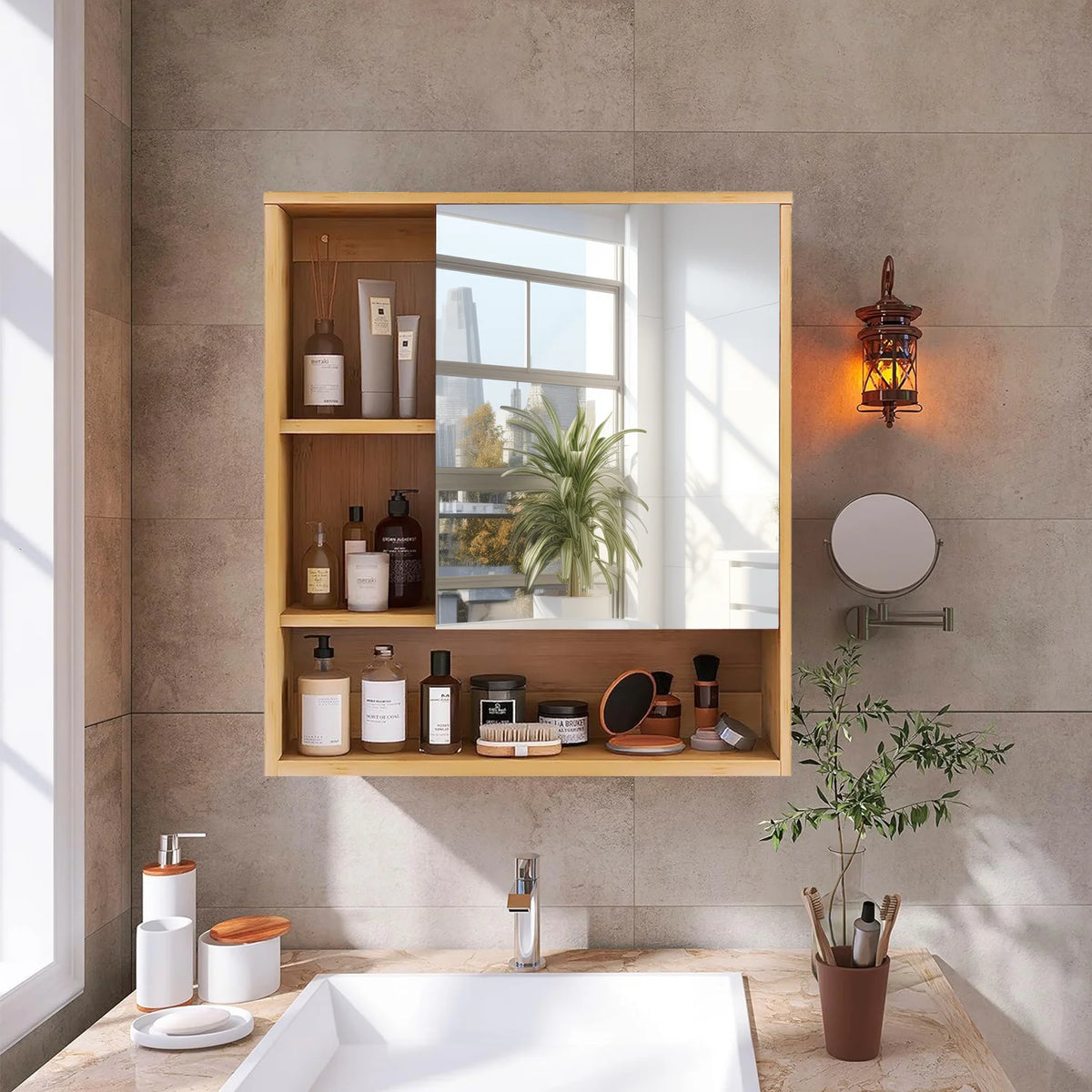 Wall Medicine Cabinet Cupboard Natural Bamboo Bathroom Vanity Mirror 5 Open Storage Shelf