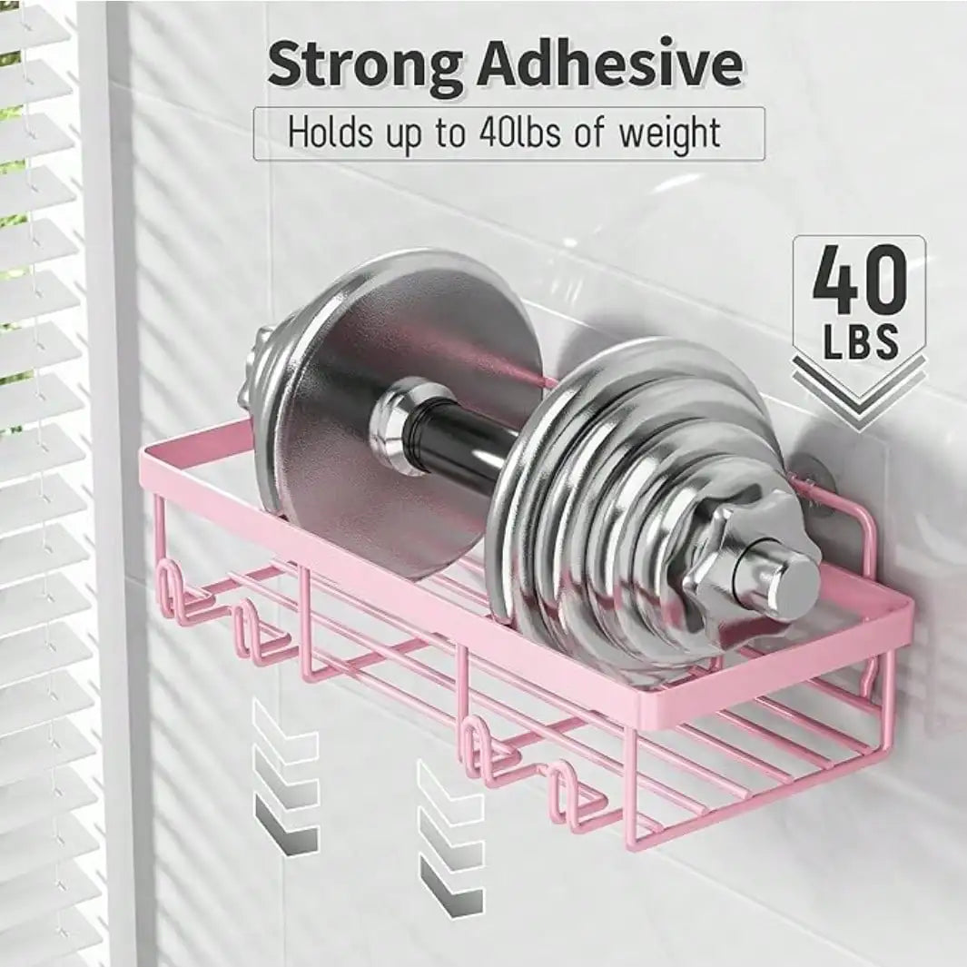 5-Pack Adhesive Shower Caddy, No Drilling Rustproof Stainless Steel Bathroom Organizer Shelves, Large Capacity Wall Mount Rack for Inside Shower, Pink