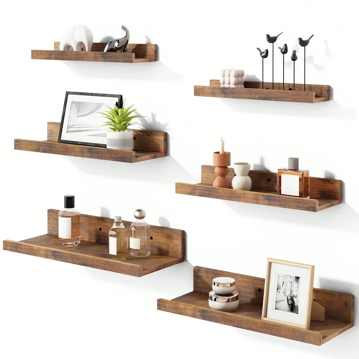 6Pcs Floating Shelves with Lip, Wall Mounted Wood Storage Shelf Set, Display Picture Ledge for Bedroom, Living Room, Bathroom & Kitchen, Wall Decor