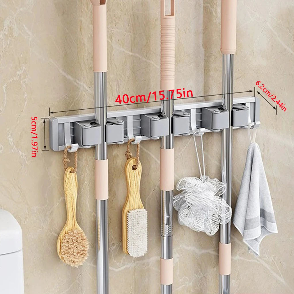 Wall-Mounted Mop and Broom Holder, Heavy Duty Cleaning Tool Organizer with Hooks for Garage Bathroom Kitchen, Space Saving Storage Rack