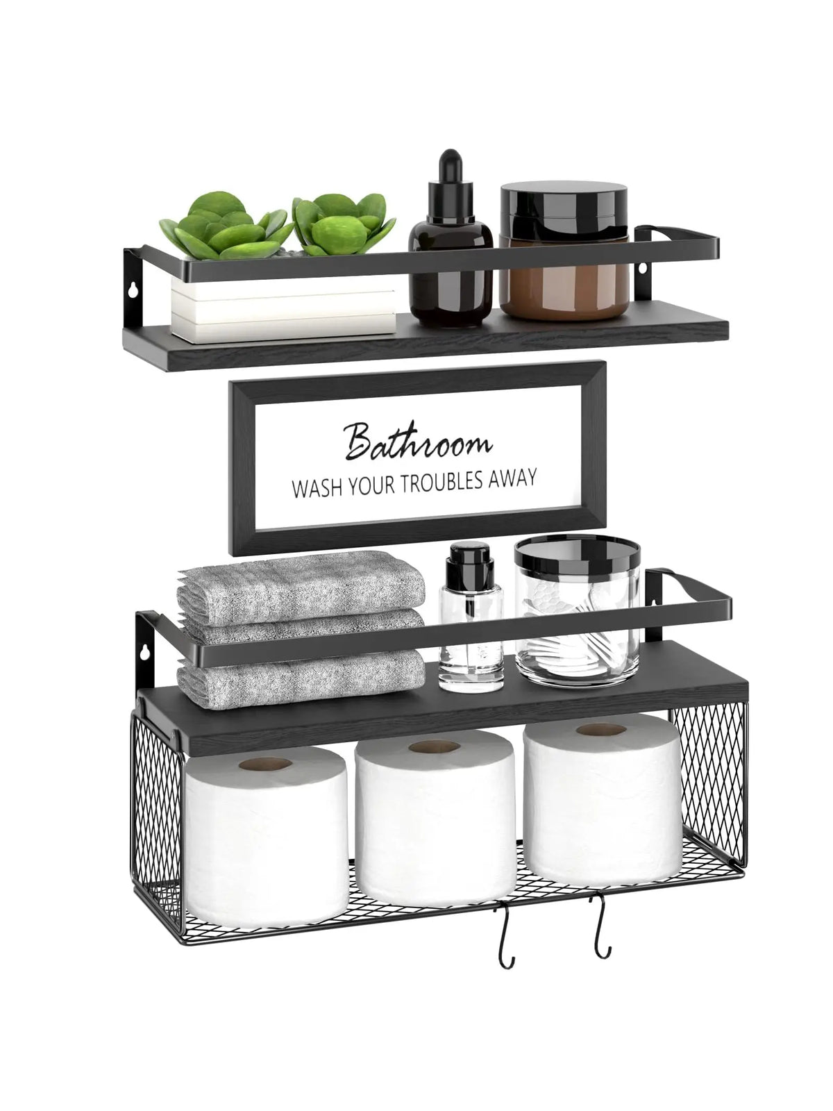 Floating Shelves with Storage Basket & Metal Guardrail, Bathroom Shelves Over Toilet with Wall Decor Sign, Wood Wall Organizer for Bedroom, Living Room, Kitchen