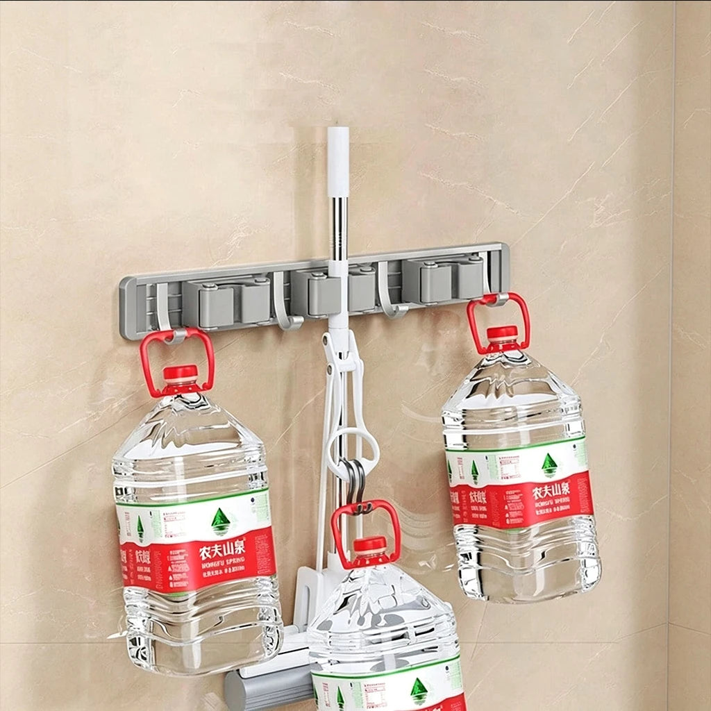 Wall-Mounted Mop and Broom Holder, Heavy Duty Cleaning Tool Organizer with Hooks for Garage Bathroom Kitchen, Space Saving Storage Rack