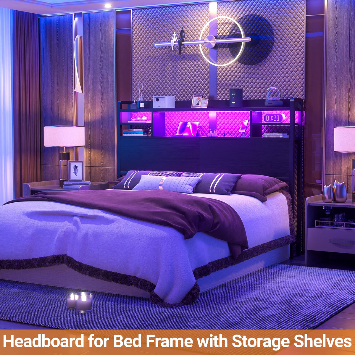 Aheaplus Headboard for Queen Size Bed with Storage, Headboards with LED Light, Power Outlets, USB Ports Queen Size Head Board, Wood Headboard Only Sturdy and Stable Headboards, Modern, Black