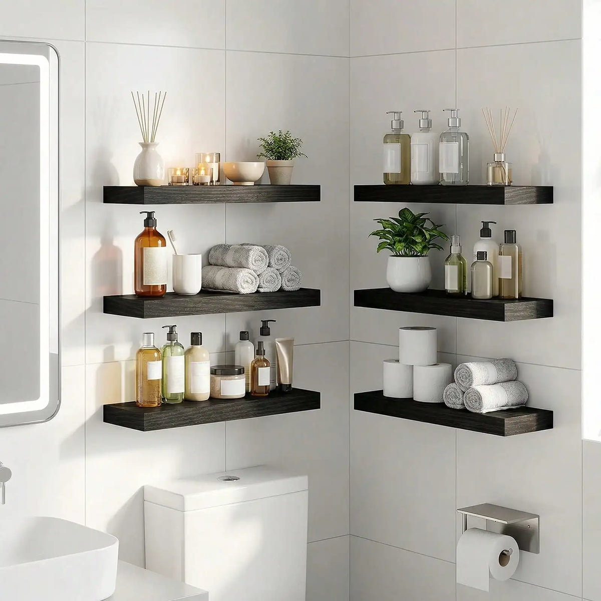 6-Pack 15.8 Inch Wood Floating Shelves, Farmhouse Wall Mounted Display Shelf Set, Rustic Storage Rack for Bathroom, Bedroom, Kitchen, Living Room Decor