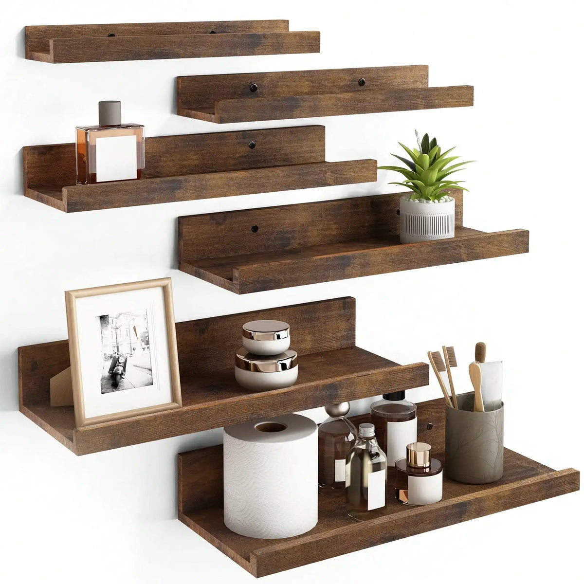 6Pcs Floating Shelves with Lip, Wall Mounted Wood Storage Shelf Set, Display Picture Ledge for Bedroom, Living Room, Bathroom & Kitchen, Wall Decor