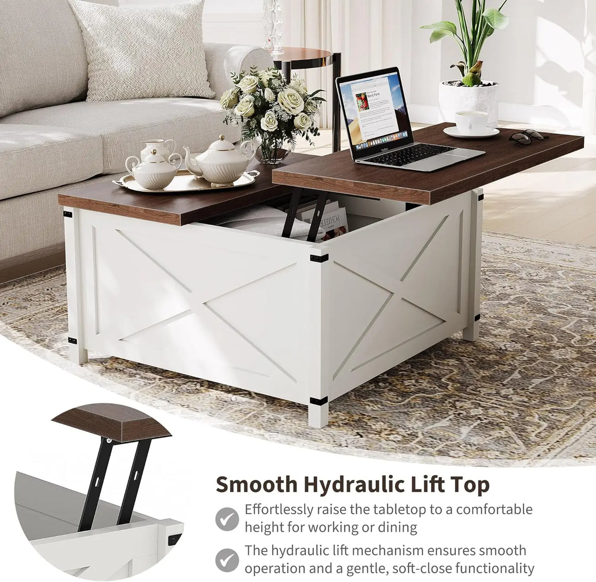 Lift Top Coffee Table, Hidden Storage Coffee Table, Rustic Industrial Lift Table, Multifunctional Living Room Desk for Small Spaces, White