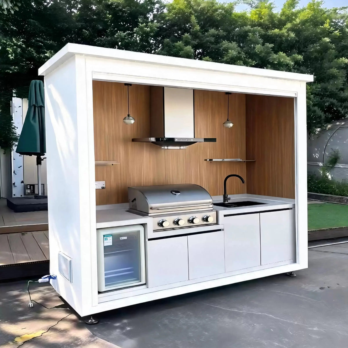 Complete Outdoor Kitchen Cabinet Set With Motorized Lift Up Roof Gas Grill Sink Refrigerator And Storage Drawers