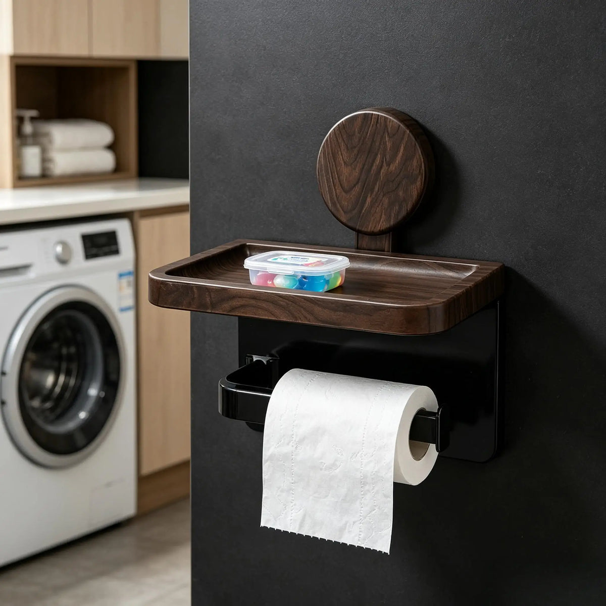No‑Drill Self‑Adhesive Wall‑Mounted Paper Towel Holder with Wood‑Grain Storage Shelf, Multifunctional Kitchen & Bathroom Tissue Roll Rack, Space‑Saving Wall Organizer