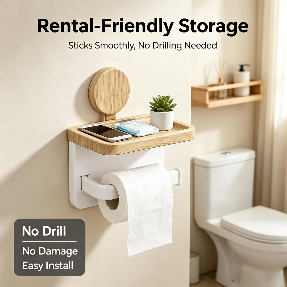 No‑Drill Self‑Adhesive Wall‑Mounted Paper Towel Holder with Wood‑Grain Storage Shelf, Multifunctional Kitchen & Bathroom Tissue Roll Rack, Space‑Saving Wall Organizer