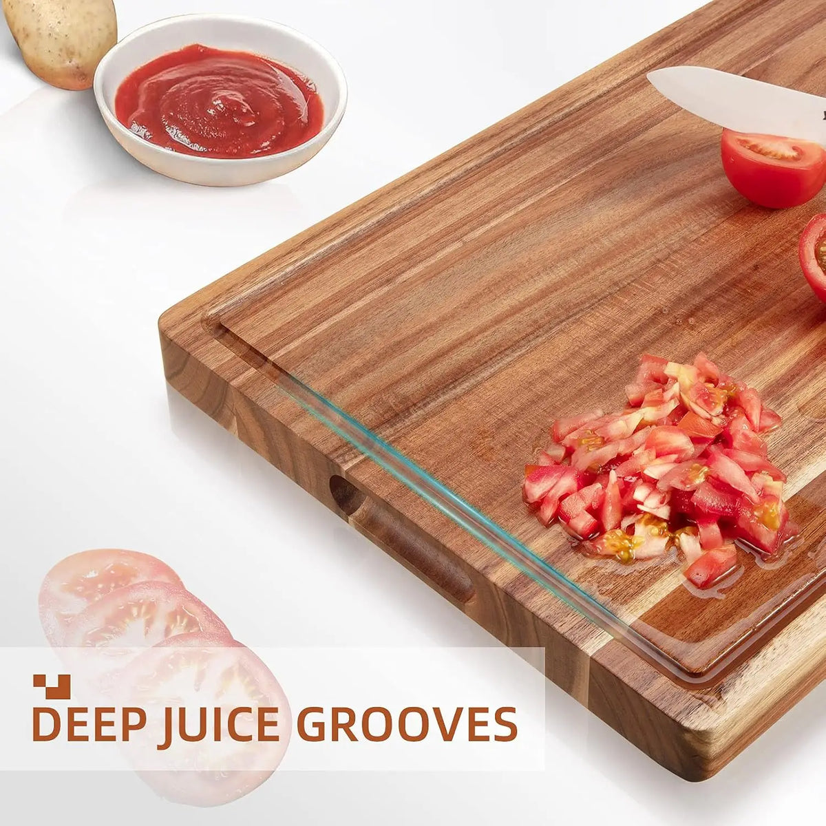 Acacia Wood Cutting Board, Chopping Board with Juice Groove Thick Solid Wood | Professional Butcher Block | Deep Juice Groove | Heavy Duty Construction