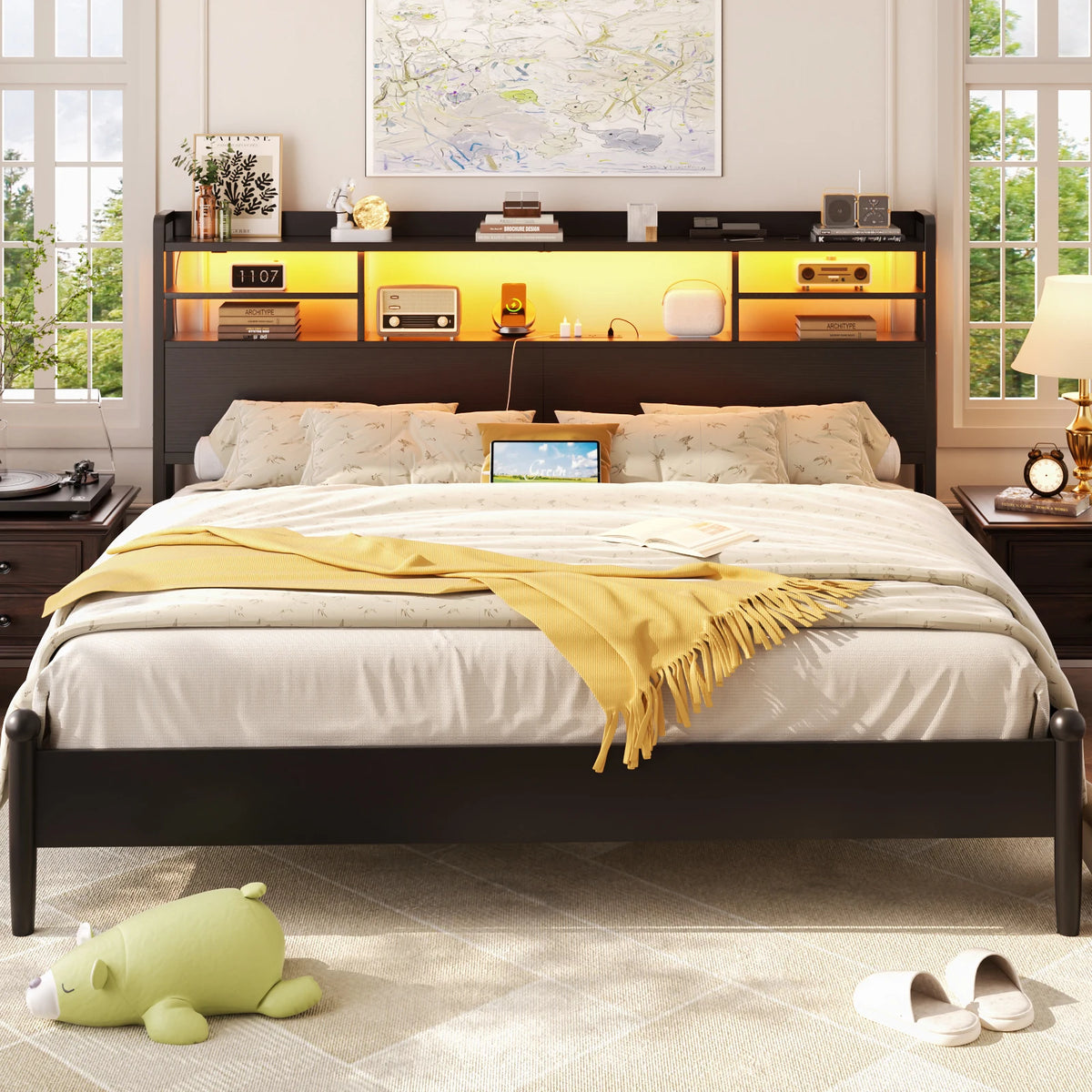 Aheaplus Headboard for Queen Size Bed with Storage, Headboards with LED Light, Power Outlets, USB Ports Queen Size Head Board, Wood Headboard Only Sturdy and Stable Headboards, Modern, Black