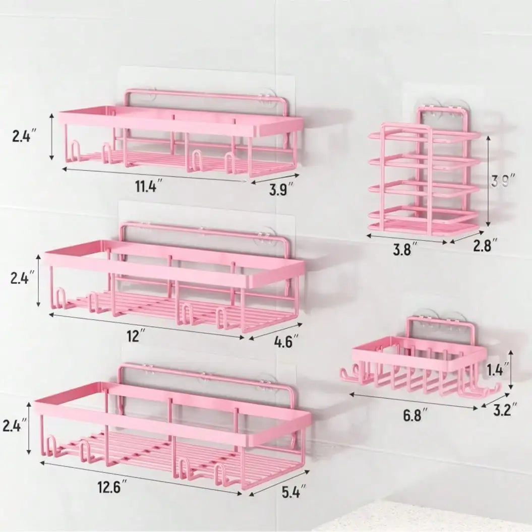 5-Pack Adhesive Shower Caddy, No Drilling Rustproof Stainless Steel Bathroom Organizer Shelves, Large Capacity Wall Mount Rack for Inside Shower, Pink