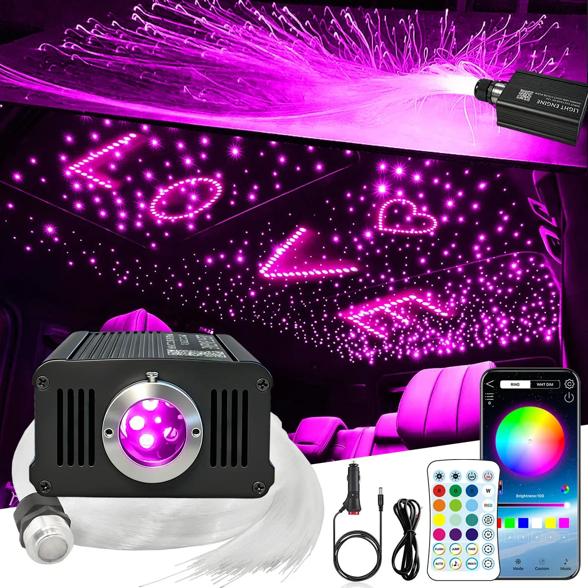 16W RGBW Starlight Headliner Kit, 500/550pcs 0.03in 2m‑3m Fiber Optic Lights, Twinkle Effect & Music Sync Mode, App & Remote Control, Car Roof Ceiling Starry Sky Lighting Kit for Auto Interior Decoration