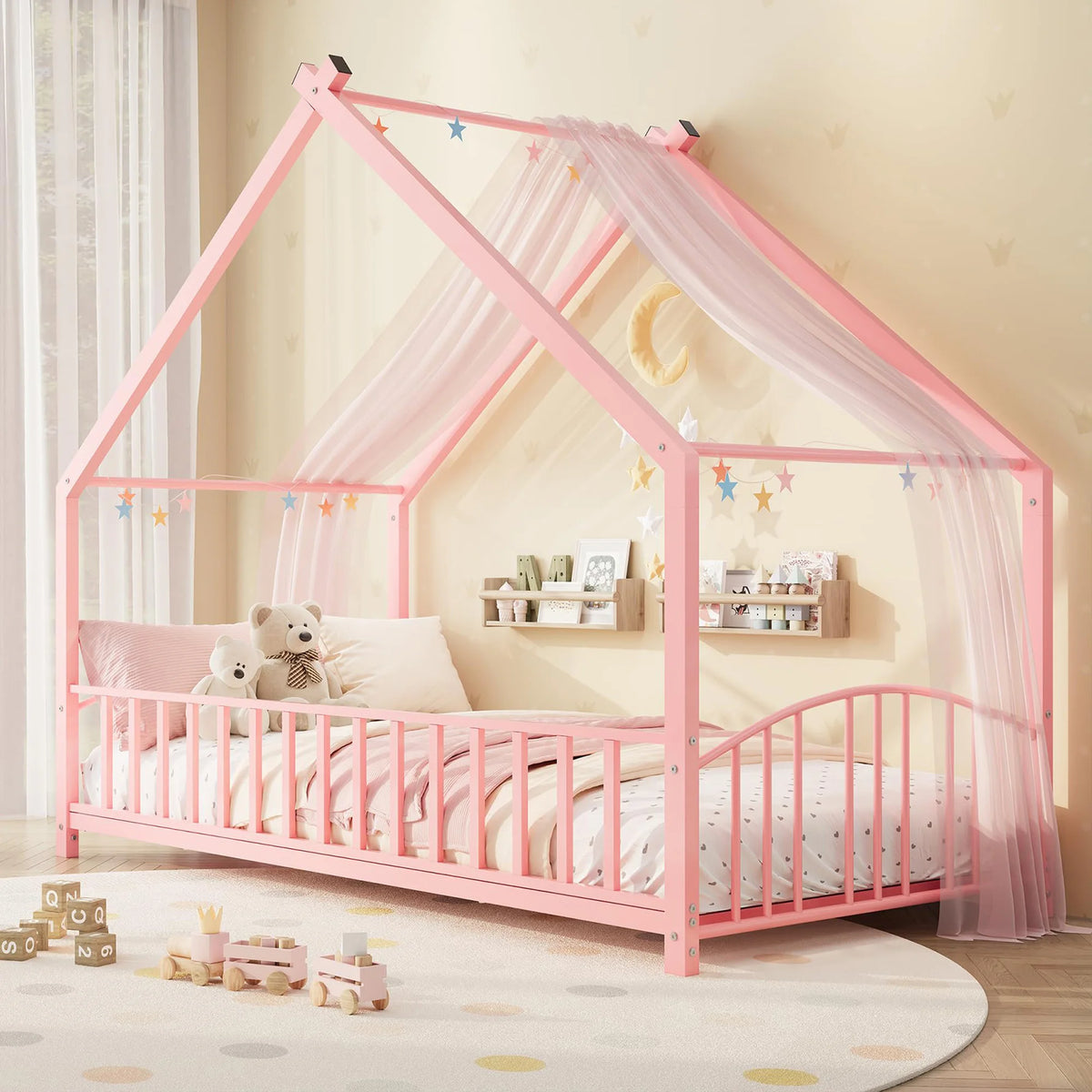 Twin House Bed Frame With Safety Rails, Montessori Floor Bed With Roof, Metal Platform Bed For Kids Girls Boys, No Box Spring