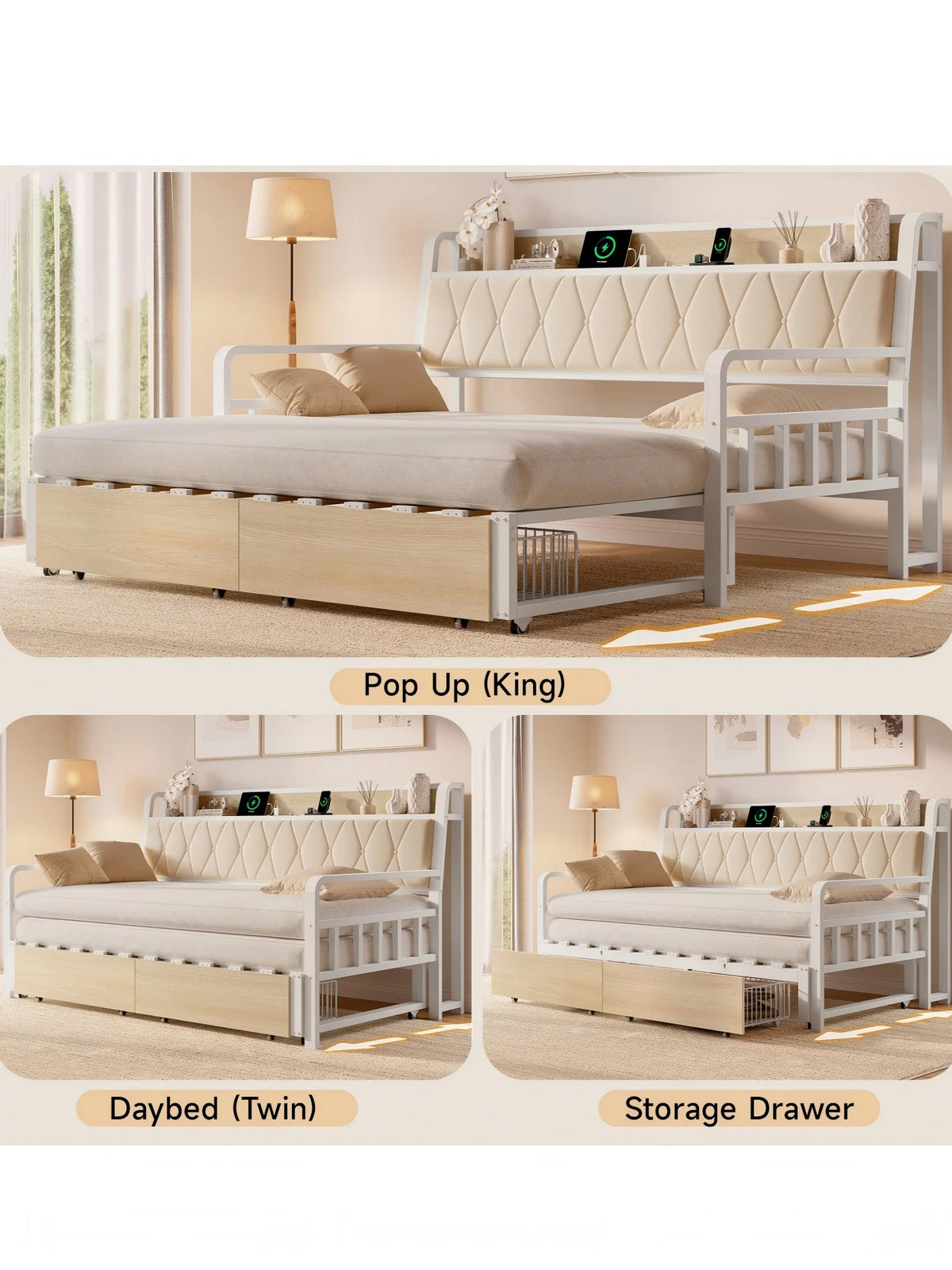 Twin to King Daybed with Trundle, Metal Twin Daybed with Pop up Trundle, Sturdy Twin Day Bed Frame with Storage Drawers, Upholstered Headboard with Charging Station for Living Room & Guest Room, Black / White