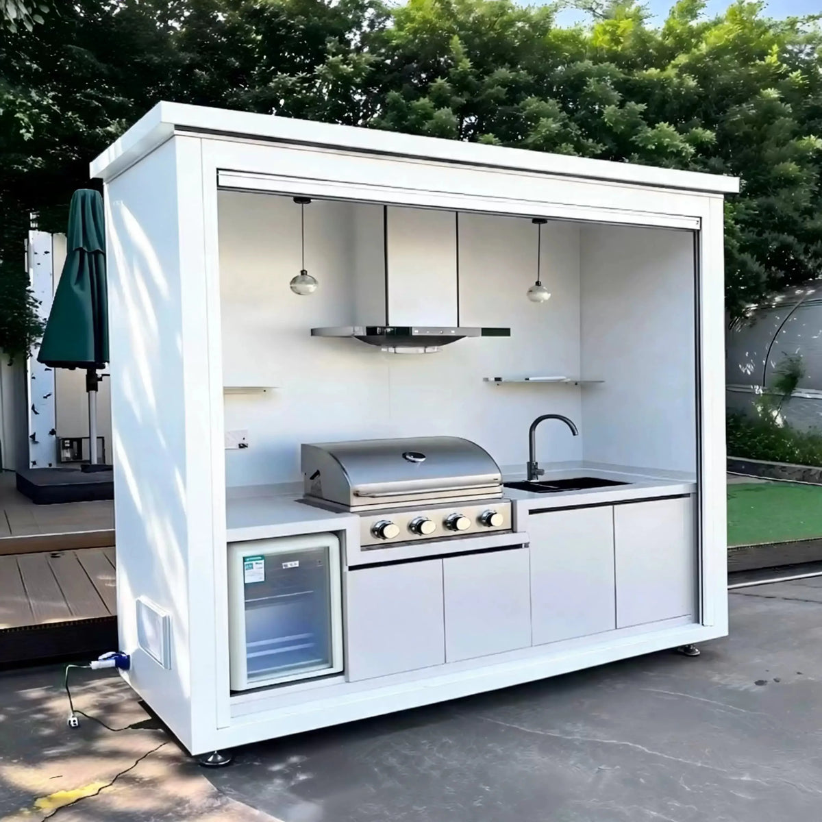 Complete Outdoor Kitchen Cabinet Set With Motorized Lift Up Roof Gas Grill Sink Refrigerator And Storage Drawers