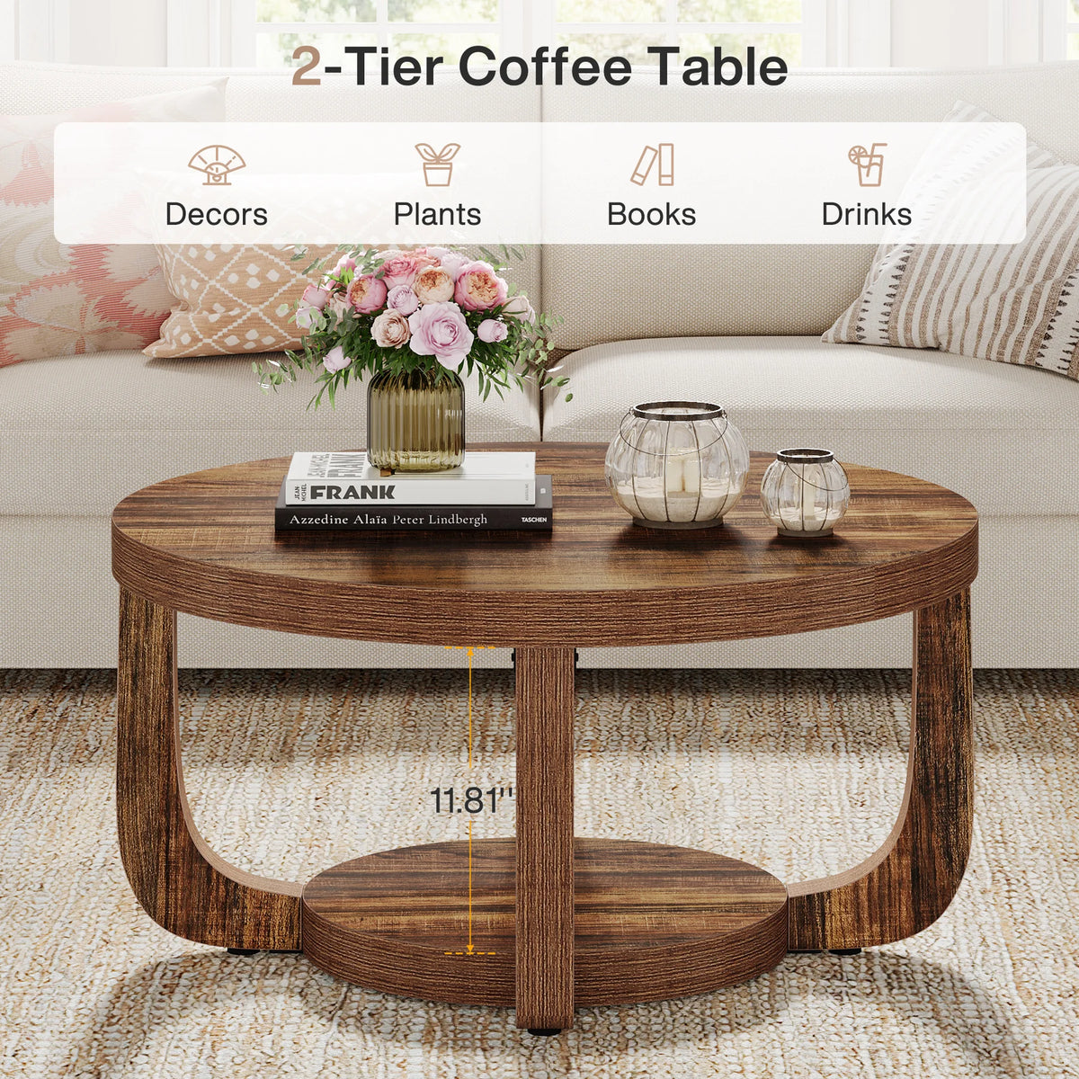 Tribesigns Round Coffee Table, 2-Tier Circle Coffee Table with Storage, Modern Wooden Accent Center Table for Living Room