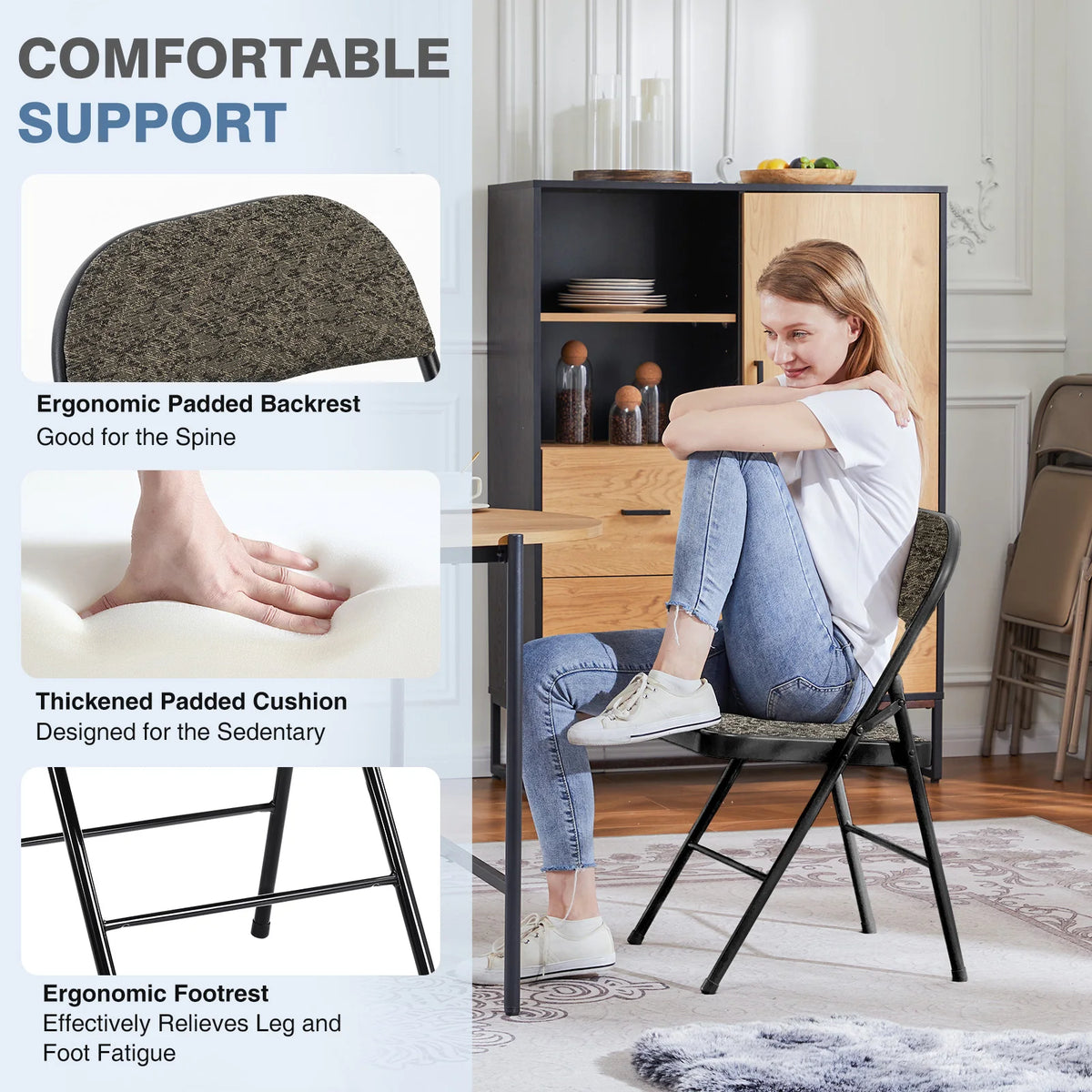 MCQ 4 Pack Foldable Fabric Padded Cushion Office Chair Ergonomic Metal Frame Soft Cushion Lumbar Support Heavy Capacity 330LB For Home Office