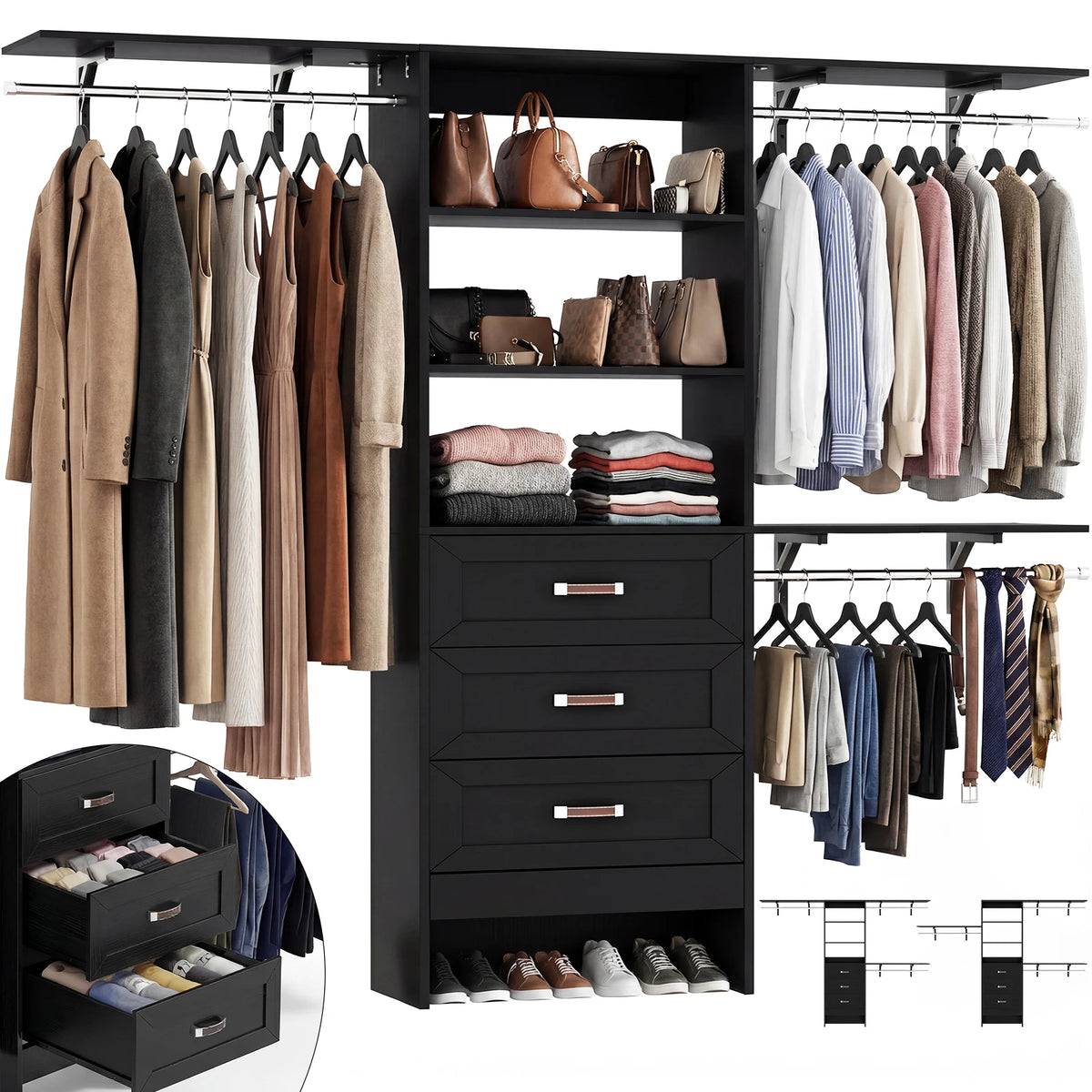 8FT Closet System with 3 Curved Drawers, 96" Wooden Walk-in Closet Organizer with 3 Top Shelves, Adjustable Hanging Rods & DIY Configurable Storage Rack for 4-8 ft Spaces