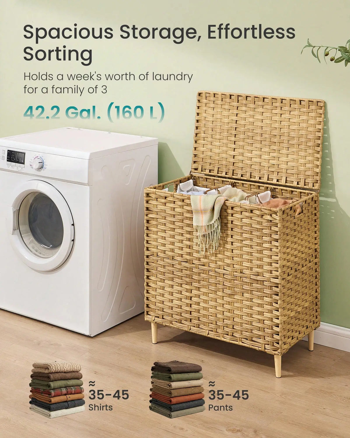 42.2 Gal Large Laundry Hamper with Lid, PE Rattan Woven Clothes Basket, Removable Washable Liner Storage Bin for Bedroom, Living Room, Beige