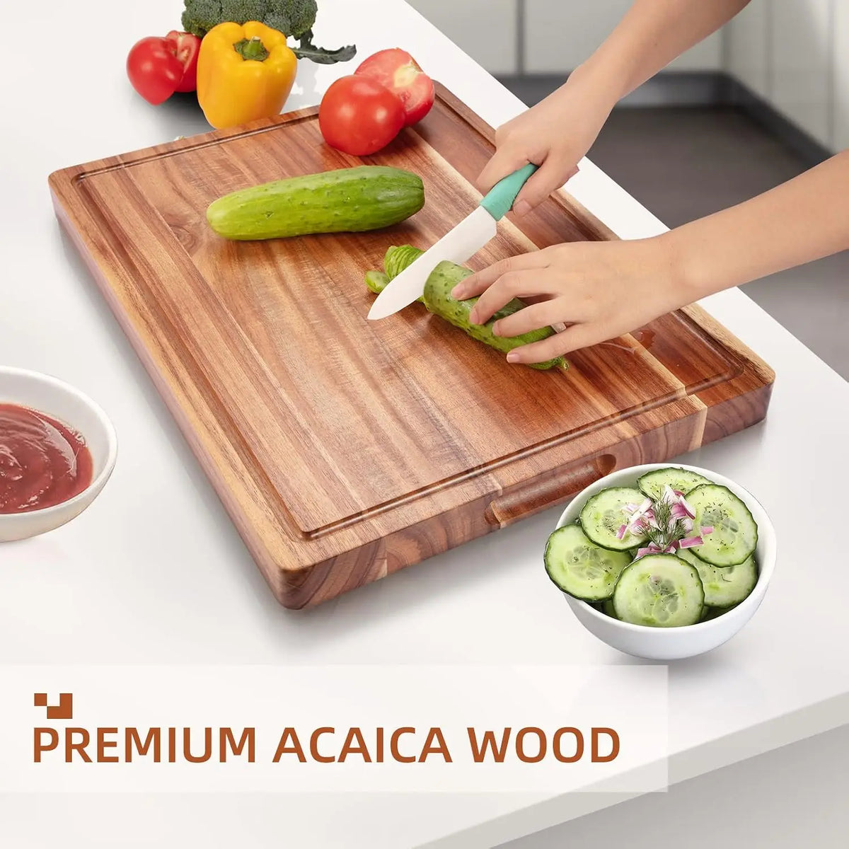 Acacia Wood Cutting Board, Chopping Board with Juice Groove Thick Solid Wood | Professional Butcher Block | Deep Juice Groove | Heavy Duty Construction