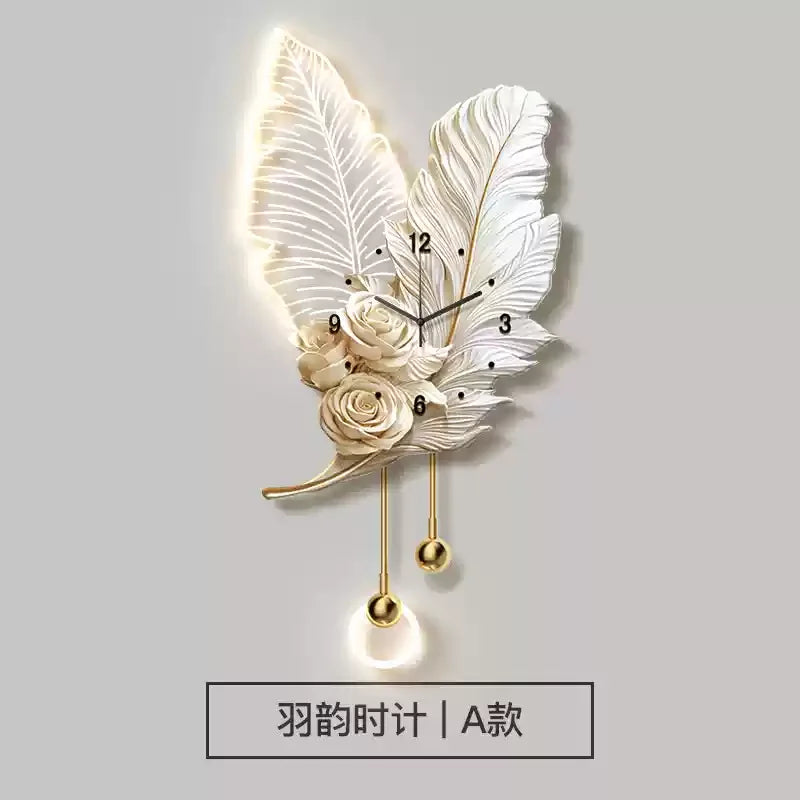 Feather Design Wall Clock With LED Lighting Luxury TV Background Art For Living Room Contemporary Wall Decor