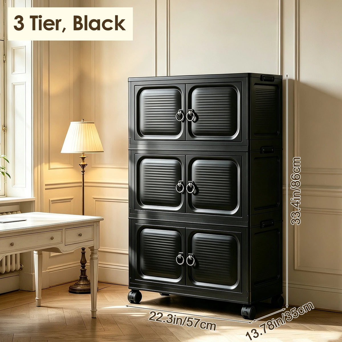 Multifunctional stackable storage cabinet, foldable multi-layer with wheels and handles, plastic storage cabinet, black and white, suitable for office documents, bedroom clothes, living room clutter, general storage