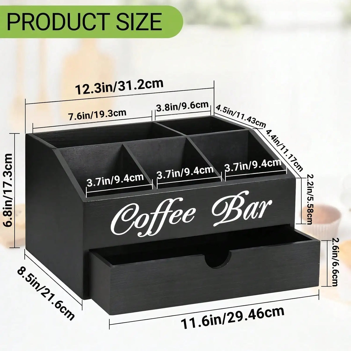 Coffee Bar Organizer Countertop Farmhouse Wooden Coffee Station Box Black Cursive Letter Printed Compartments Drawer For Coffee Pods Sugar Tea Cups Condiments Kitchen Office Counter Decor Housewarming Gift