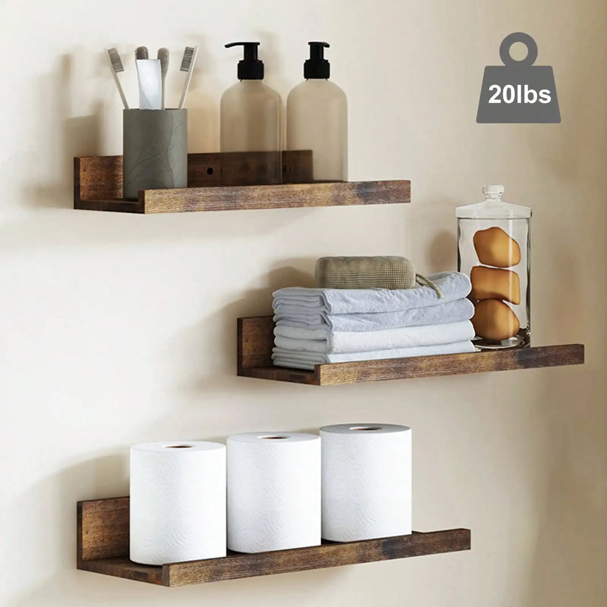 6Pcs Floating Shelves with Lip, Wall Mounted Wood Storage Shelf Set, Display Picture Ledge for Bedroom, Living Room, Bathroom & Kitchen, Wall Decor